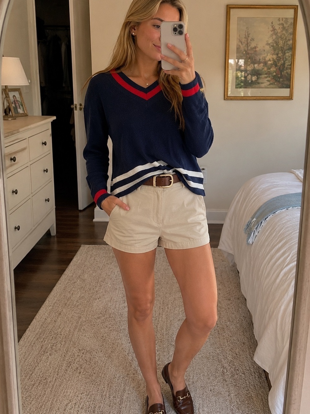 Sweater Chaps Women Sweater V Neck Pullover Long Sleeve Red, White & Blue large